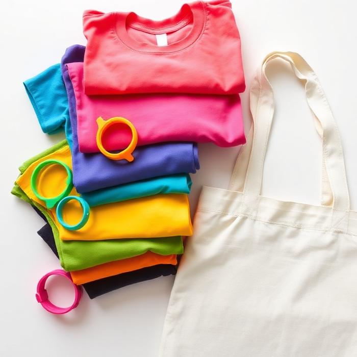 Event tees, wristbands and tote bags laid out for a community fundraiser