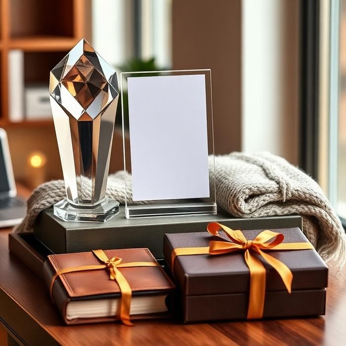 Employee recognition gifts including an engraved award, journal and premium drinkware