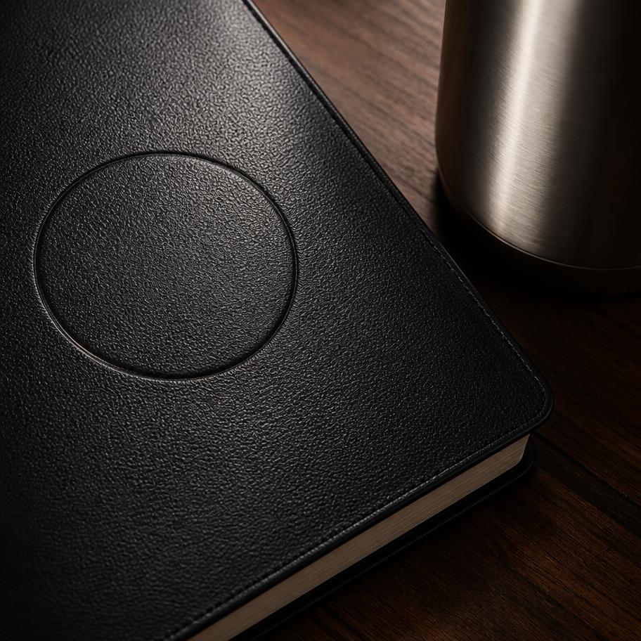 Close-up of a debossed logo pressed into a leather-look journal cover