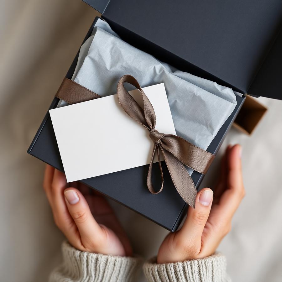 Branded gift box with tissue paper and a printed thank-you card being packed