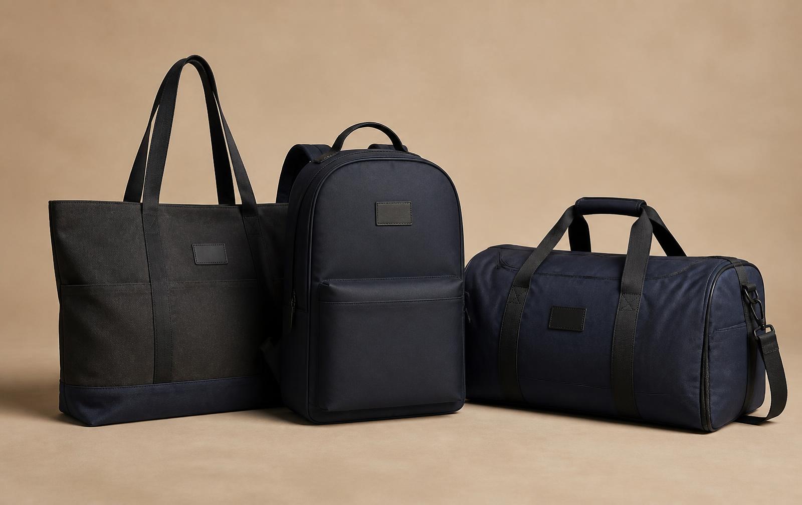 Canvas tote bags and a laptop backpack ready for decoration