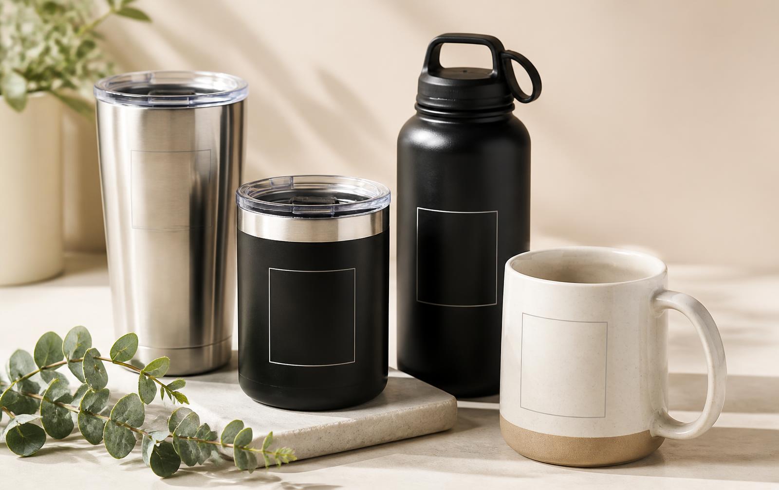 Insulated stainless steel tumblers and water bottles lined up on a counter