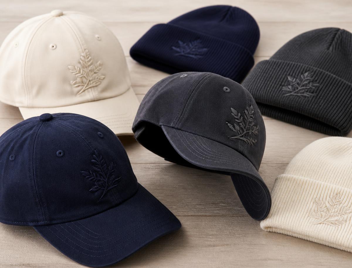 Embroidered baseball caps and knit beanies in navy, charcoal and cream