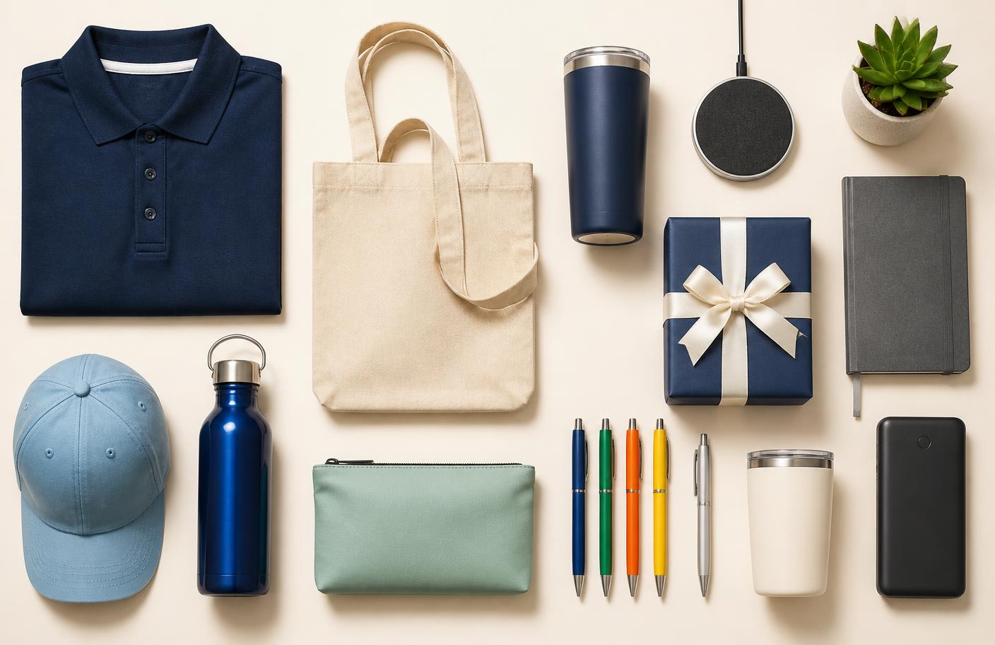 Overhead flat-lay of branded merchandise: polo, tote, tumbler, wireless charger, notebook, pens, cap, water bottle and a ribbon-tied gift box