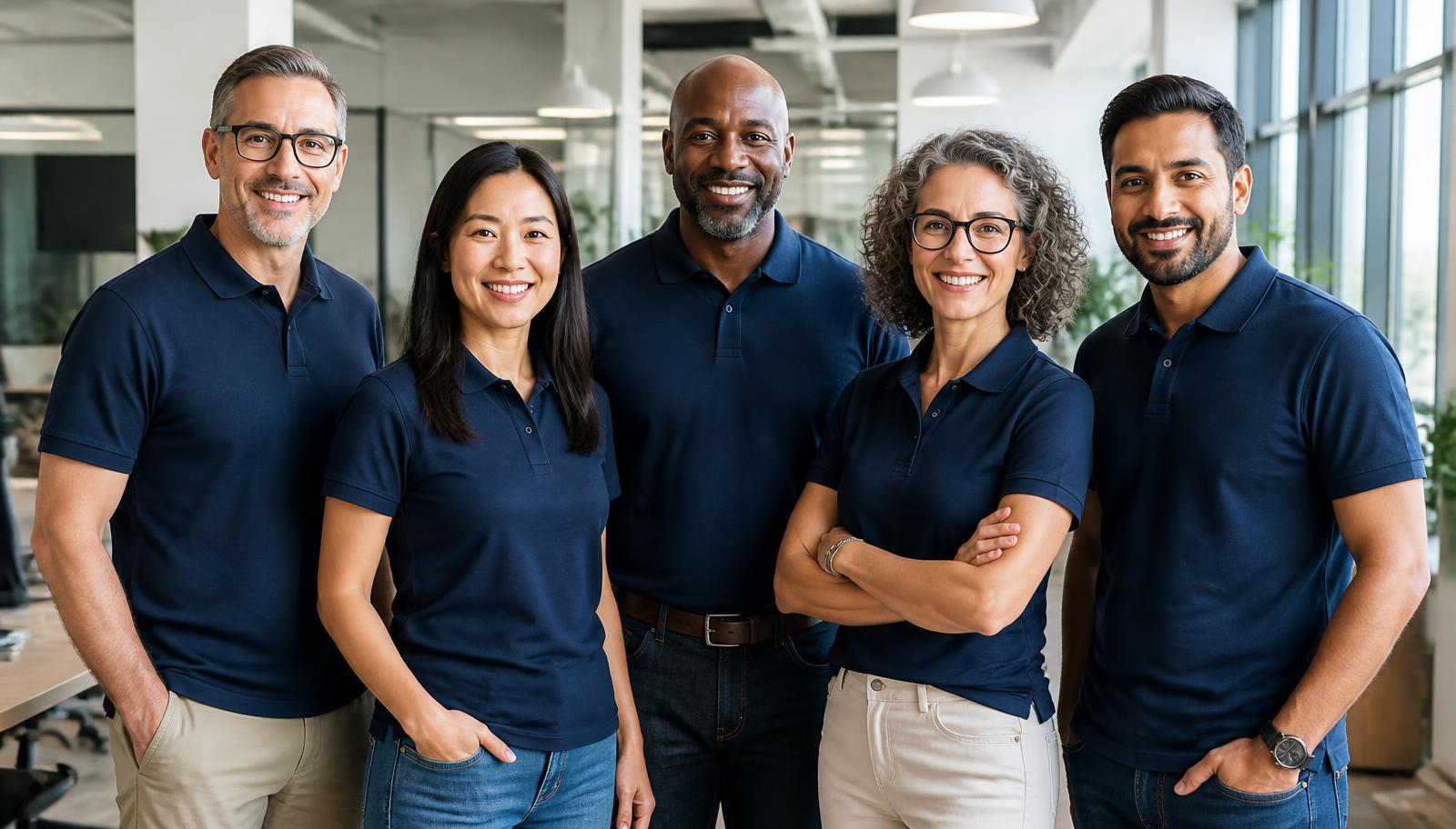 Diverse office team of five wearing matching navy branded polo shirts in a bright workspace