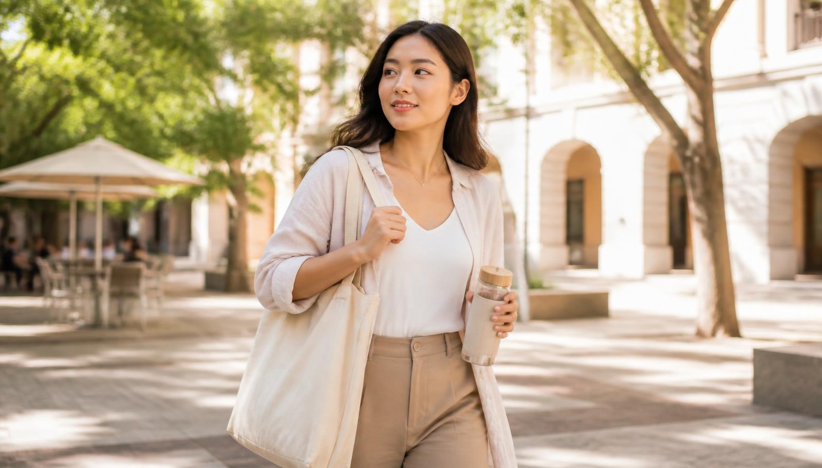Woman walking through a sunlit courtyard with a recycled cotton tote and a reusable bottle