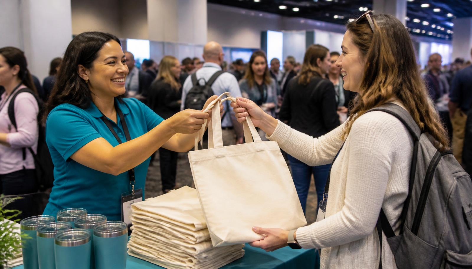 Booth attendant handing a canvas tote bag to a smiling attendee on a crowded expo floor