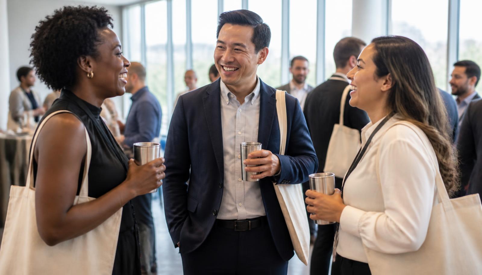 Professionals at a corporate networking event holding branded tote bags and stainless tumblers